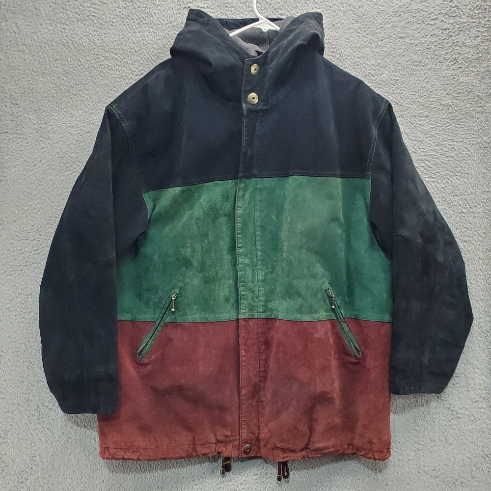 Vintage Outbrook Colorblock Genuine Leather Jacket Size 2X Green Black Red Hood